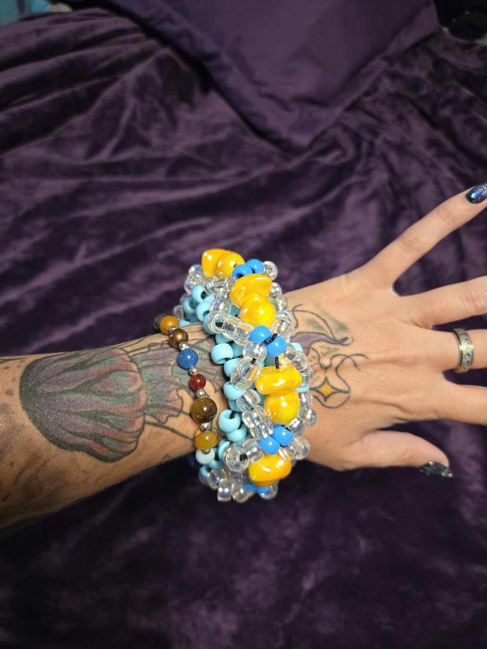 Handmade Yellow & Blue Beaded Stretch Duck Cuff Bracelet